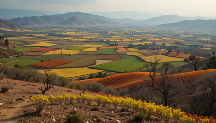 Naklejka premium Vibrant agricultural landscapes fading into barren land, highlighting the escalating consequences of global warming and accelerating climate change.