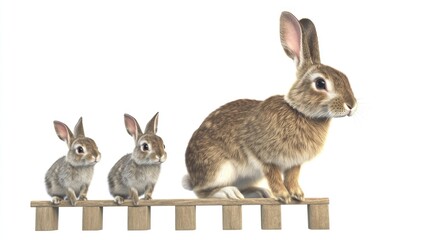 Fototapeta premium Rabbits of different sizes on wooden platform, white background, family, growth