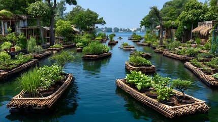 Obraz premium Traditional village floating farms with lush greens high resolution image