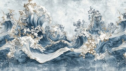 Intricate waves of blue and white with gold accents.