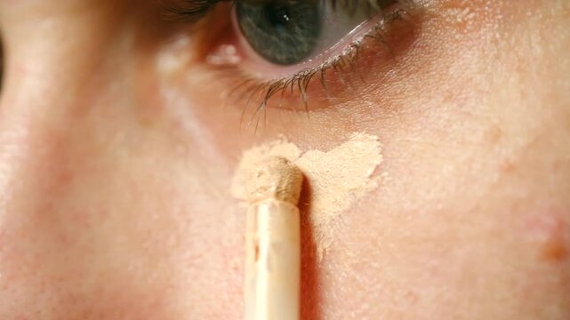 Close-up beauty shot shows woman applying concealer under her eye cover dark circles, demonstrating simple makeup technique for fresh look. Woman applying concealer makeup on eye bags. Everyday makeup