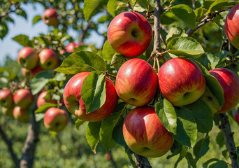 Close-Up View of Ripe Red Apples Hanging on Tree
