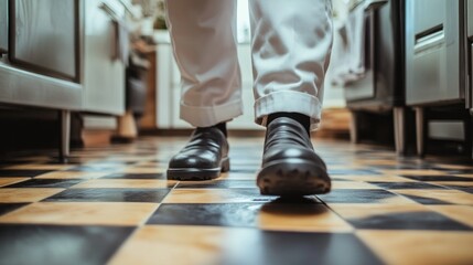 Chef walking in a kitchen