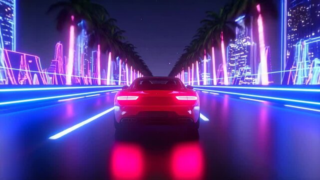 Futuristic sports car drives neon lit road with glowing palm trees, vibrant cityscape, and retro synthwave style night, creating dynamic, energetic, and vibrant atmosphere glowing futuristic city