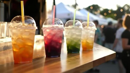 Colorful refreshment lineup shines under golden sunset at lively outdoor festival gathering
