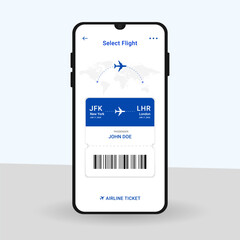 Boarding pass design on mobile app. Digital or electronic plane ticket. Online booking by smartphone concept, flat vector illustration