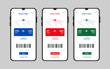 Online booking by smartphone concept. Digital or electronic plane ticket on the mobile app. Flight selection screen with boarding Passes