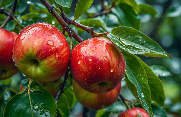 Juicy Red Apples Hanging From Tree Branch After Rainfall