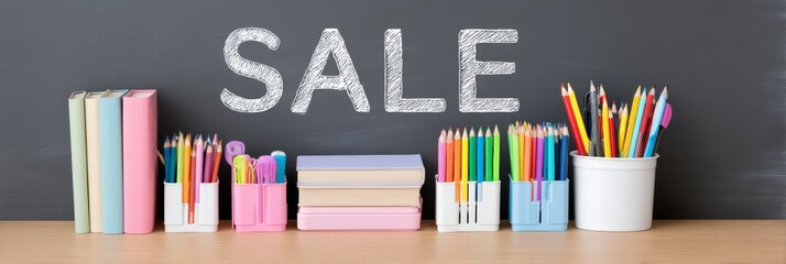 Back to school sale with colorful pencils, books, and supplies on blackboard
