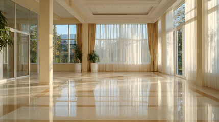 A clean ivory tile floor reflecting soft morning light through sheer curtains, gentle highlights and lines emphasizing architectural precision 62627838 2