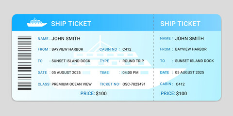Cruise ship ticket design template for vacation, adventure travel concept. Boat ticket vector design, ticket,