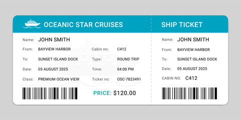 Cruise ship boarding pass design layout for travelers. Realistic Ferry boat ticket cruise travel ship sea pass, ticket,