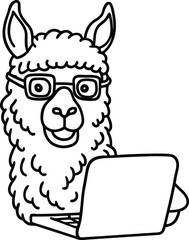 Smart alpaca wearing glasses typing on a laptop computer modern line art illustration