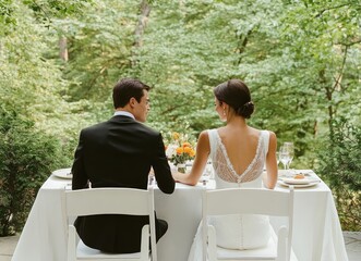 Bride and groom seated at outdoor wedding reception table, view from behind, lush green trees background.