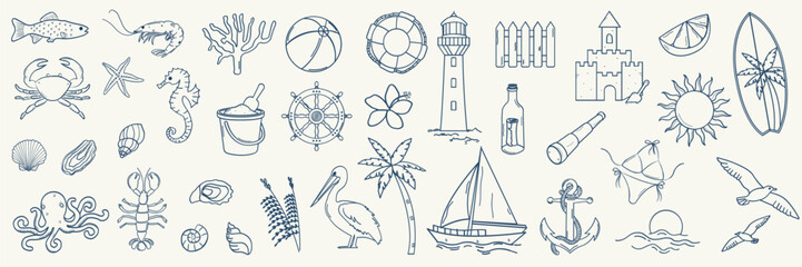 Coastal summer doodle illustration set. Hand drawn whimsical lighthouse, lobster, crab, bikini, palm tree, shells and  anchor illustration for greeting cards, invitations, wrapping paper.