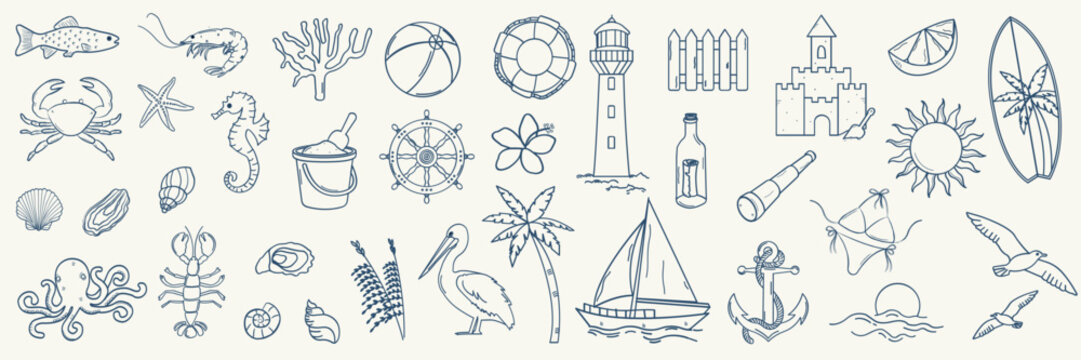 Coastal summer doodle illustration set. Hand drawn whimsical lighthouse, lobster, crab, bikini, palm tree, shells and  anchor illustration for greeting cards, invitations, wrapping paper.