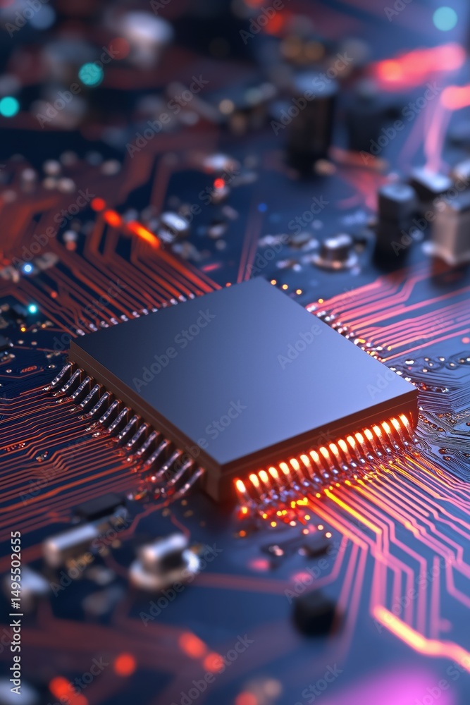 Poster a computer chip is lit up with a bright orange glow. the chip is on a circuit board and is surrounde