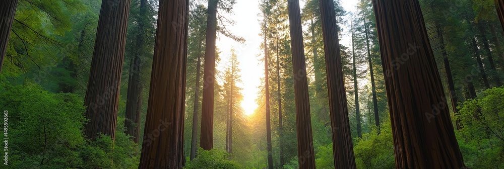 Poster a forest with trees in the foreground and background. the sun is setting and the trees are casting s