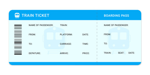 Train Ticket Boarding Pass Vector Template for Travel and Transportation. Railway Travel Ticket and Boarding Pass design on blue background, train, ticket,