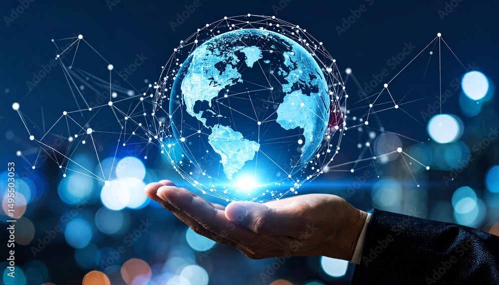 Poster hand holding a globe with network connecting data. concept of digital technology, supply chain manag