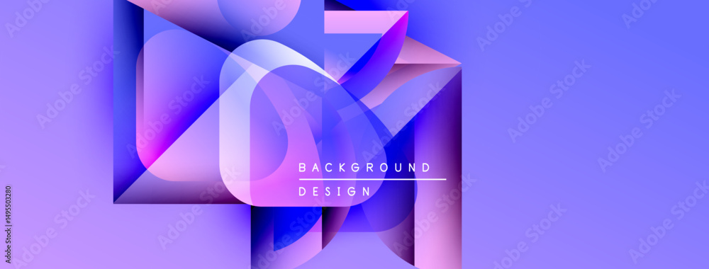 Poster Abstract geometric shapes overlap, creating vibrant purple, blue gradients. Text reads background design within composition. Modern, dynamic visual.