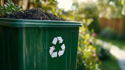 Green recycling bin filled with soil