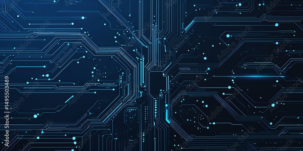 Poster circuit board design showcasing intricate patterns and glowing elements in a dark background