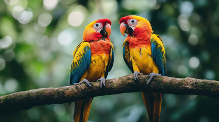 Obraz premium Tropical birds sitting on a tree branch in the rainforest