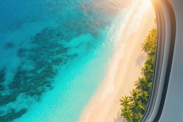 Airplane Window View Down onto White Sand Beach and Turquoise Ocean - Tropical Flyover - Space for Text