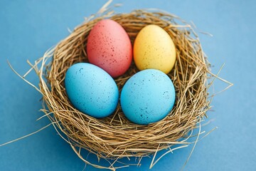 Coloful Easter eggs in nest, studio shot
