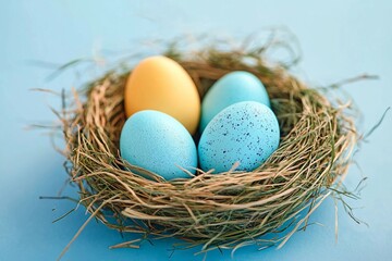 Coloful Easter eggs in nest, studio shot
