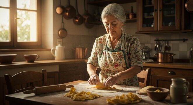A traditional Italian grandmother making fresh pasta by hand in a rustic kitchen, soft natural lighting, flour on the wooden table, vintage decor, warm tones