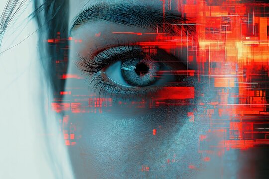 Woman's Eye with Red Digital Glitch Overlay Abstract Tech - Cyber Vision