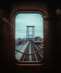 New York, USA: subway train window in motion on Williamsburg bridge