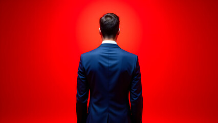 The Enigmatic Silhouette: A man, exuding an aura of confident determination, stands before a vibrant red backdrop, his back turned to the viewer. The composition speaks of contemplation, ambition.