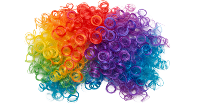 Vibrant rainbow clown wig celebrating international clown week with transparent background