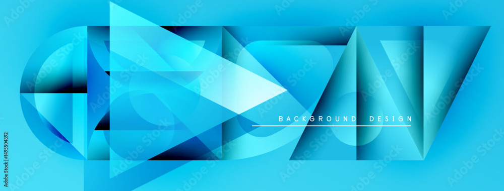 Poster abstract geometric shapes, vibrant blue hues, modern design elements. composition features overlappi