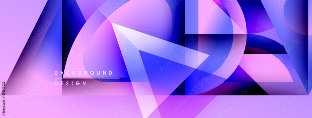 Poster abstract geometric shapes overlap, creating vibrant purple, blue gradients. modern design elements s