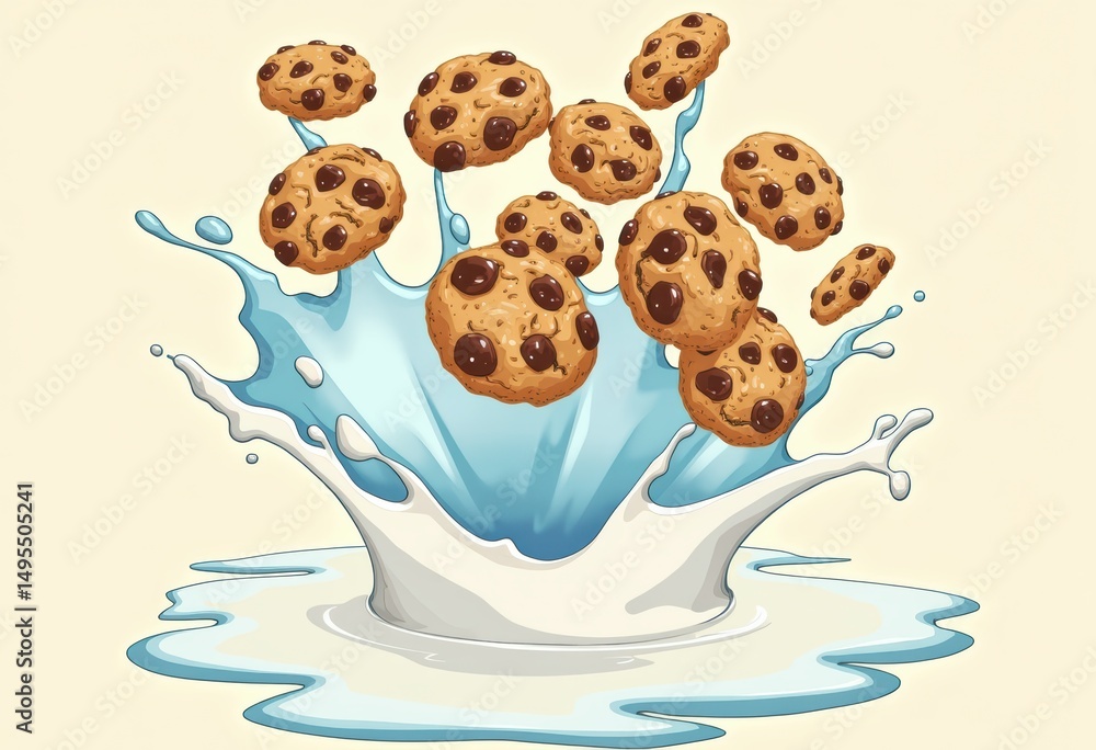 Poster chocolate chip cookies splashing into a pool of milk, creating a fun scene