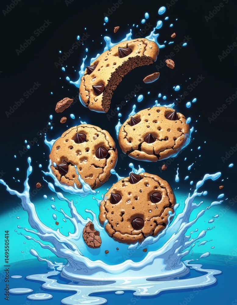 Poster chocolate chip cookies splashing into water, creating a dynamic scene