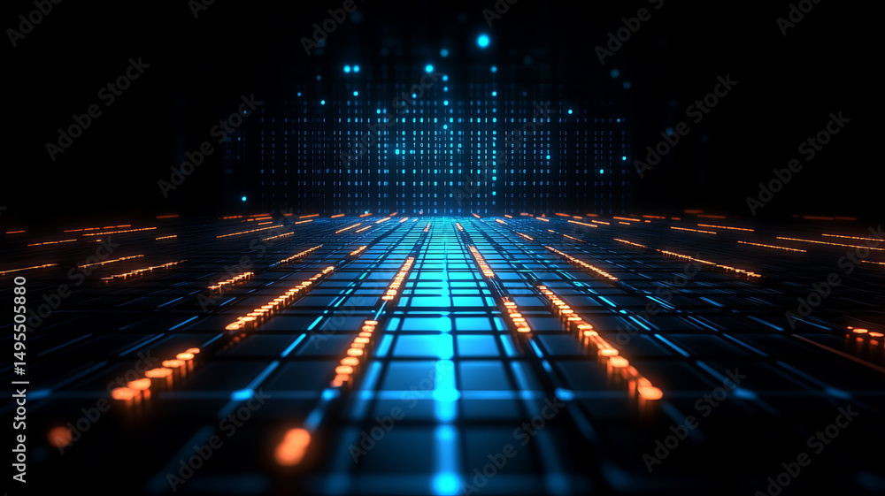 Poster digital grid with glowing lines and dots creates futuristic atmosphere