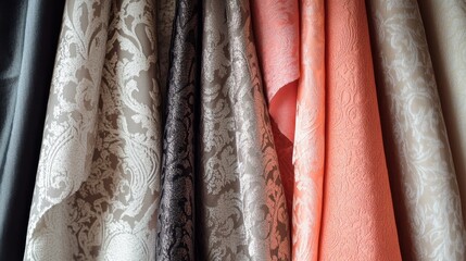 Variety of patterned fabrics draped on hangers.
