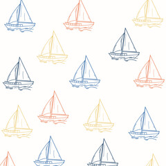 Seamless Pattern with hand drawn sailboats. Vintage marine wallpaper. Coastal ocean print for summer decor, fabric, wall art, wrapping paper, artworks.