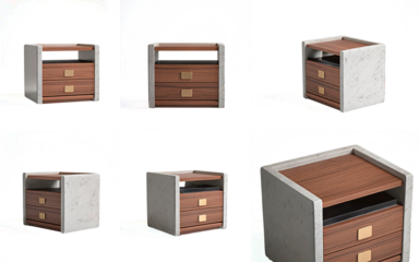 Isolated a 3D render of a modern bedside table, viewed in four different orthogonal projections front, side, top. Emphasize clean lines and simple geometry, suitable for technical drawings