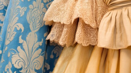 Close-up view of elaborate patterned and lace fabrics.