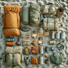 flat lay of desert camping gear like tent and lantern, textured sand surface, minimalist style, warm natural light, earthy beige and green tones, top-down view 