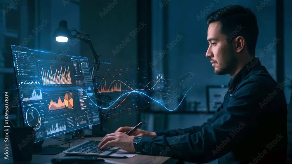 Aufkleber focused professional analyzing data on a computer screen in a modern office at night