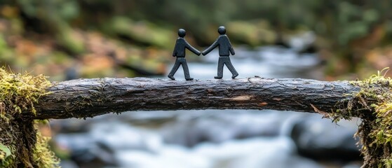 Miniature figures walk hand-in-hand across a log bridge over a babbling brook