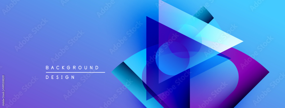 Poster abstract geometric shapes overlap, creating vibrant blue purple gradient. modern design suggests tec