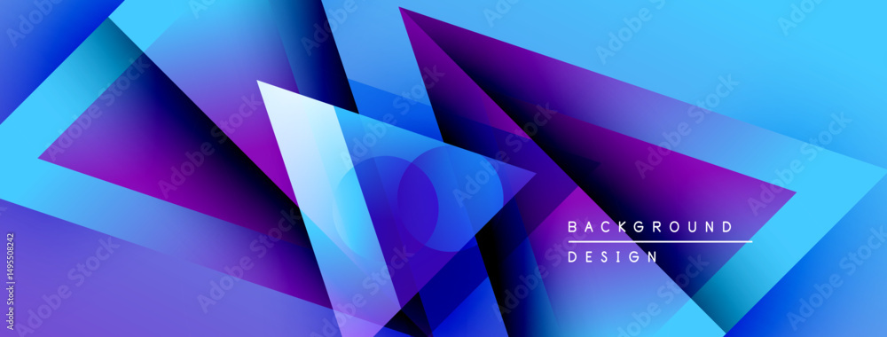 Poster abstract geometric shapes overlap, creating vibrant blue, purple gradients. modern design suggests d